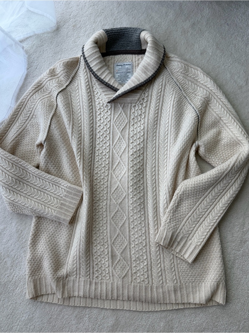 Tommy Bahama Lambswool Cream Cable Knit Turtleneck Sweater with Dark Trim